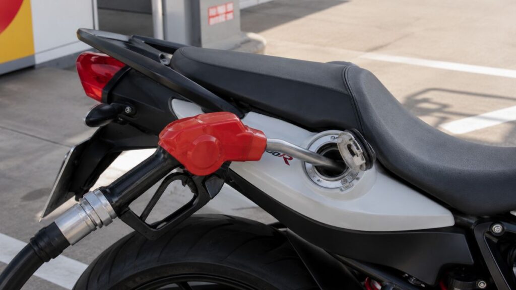 BMW F800Rの独自構造であるシート右後方の給油口にガソリンスタンドのノズルが差し込まれている様子