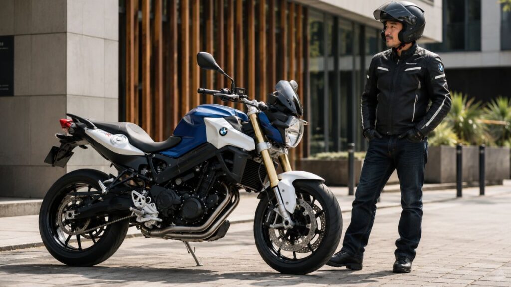 洗練された一眼ヘッドライトと倒立フロントフォークを採用したBMW F800Rの後期型モデルと並ぶ40代の日本人ライダー