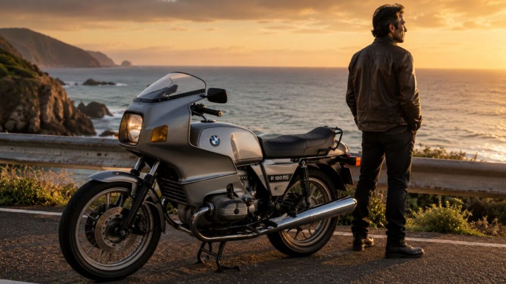 夕暮れの海岸沿いに停車するフルカウル装備のBMW R100RSと40代の日本人オーナー