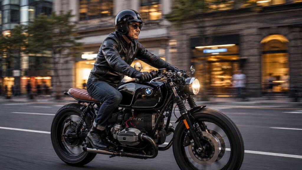 都会の夜を走るカスタム済みのBMW R100RSカフェレーサーとヘルメットを着用した日本人ライダー