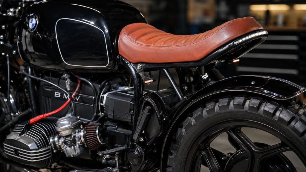 シートレール加工を施しシート下をすっきりと見せたBMW R100RSのカスタムリア周り