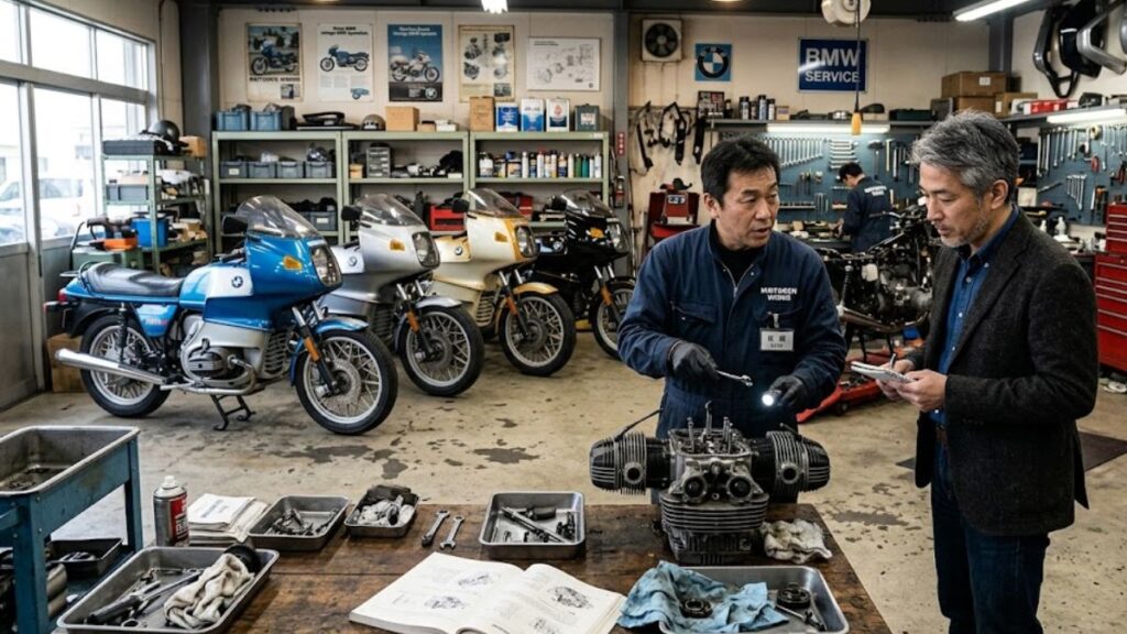 BMWの専門店で整備士からR100RSの状態について説明を受ける日本人オーナー