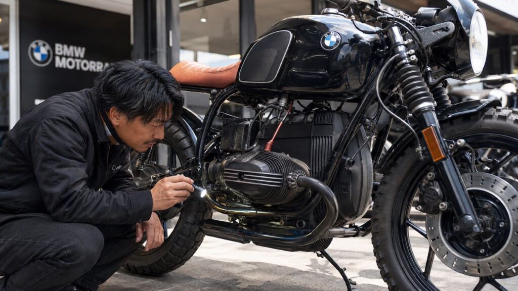 中古のBMW R100RSのエンジン下部やオイル漏れを念入りにチェックする購入検討者