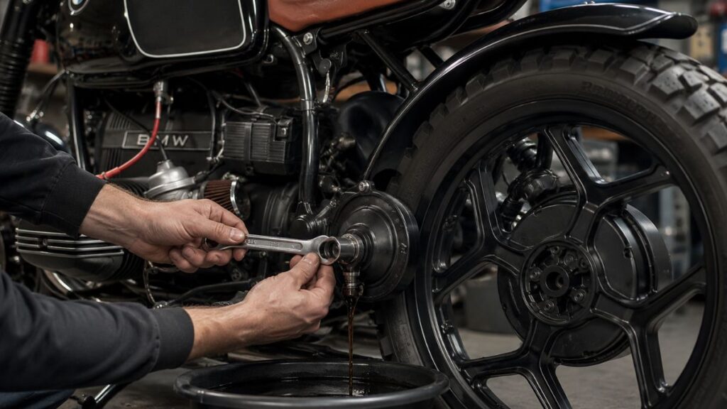 BMW R100RS特有のシャフトドライブのオイル交換メンテナンス作業