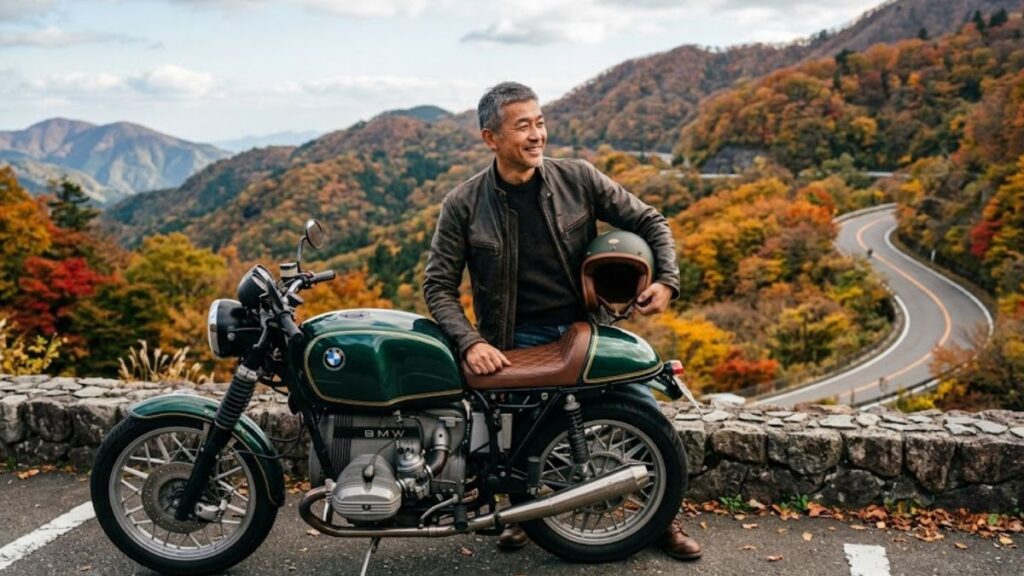 ツーリング先の峠道で愛車のR100RSカスタムと休息をとる40代の日本人男性ライダー