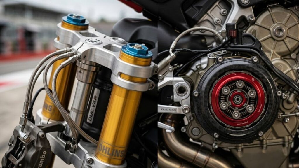パニガーレV4Rに搭載されている乾式クラッチとオーリンズ製機械式サスペンション