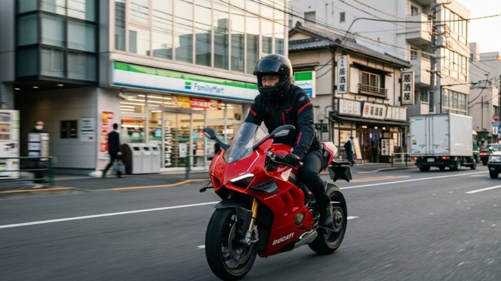 保安部品を装着し、日本の市街地を走行する公道仕様のパニガーレV4R