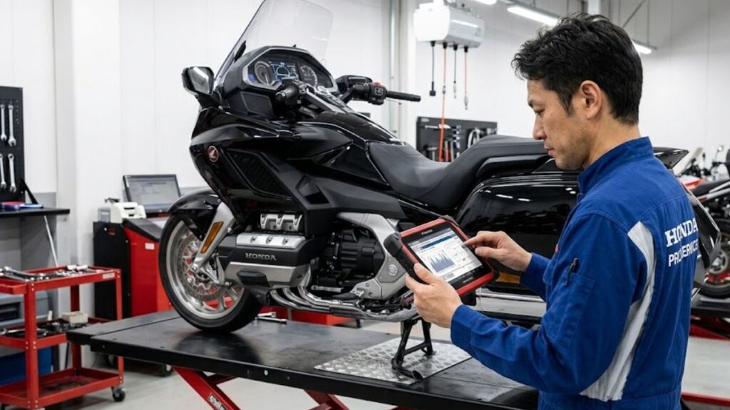 バイクショップで中古ゴールドウイング（SC79）の電装系を点検するメカニック