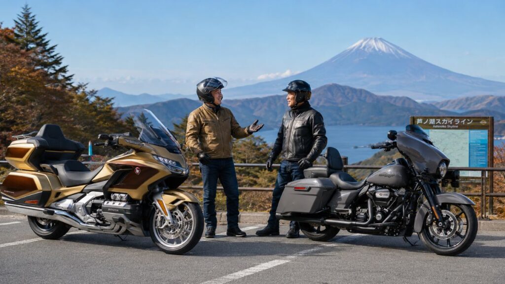 ツーリング先で並べて停められたホンダ・ゴールドウイングとハーレーダビッドソン