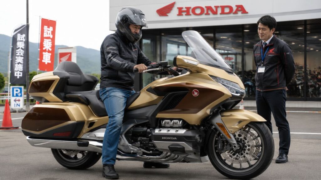 ホンダ販売店でゴールドウイングに跨り足つきを確認する日本人男性