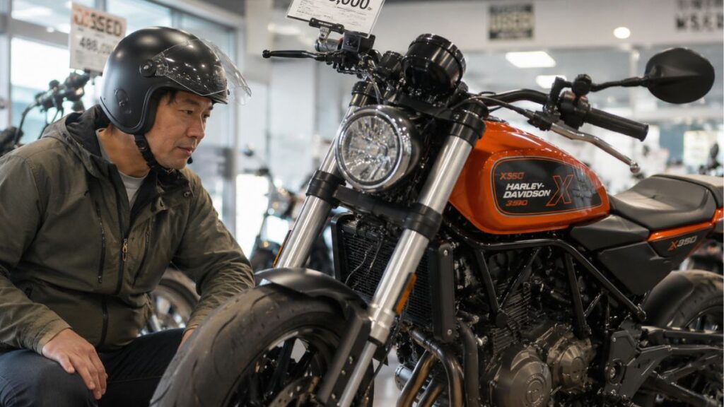 中古バイク販売店でカスタムベースとなるハーレーX350の状態を確認する40代〜50代の男性ライダー
