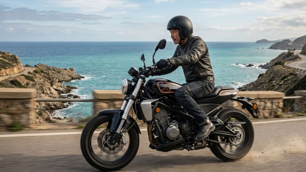 海岸沿いの道路をスポーティかつ軽快に走行するハーレーX350とライダー