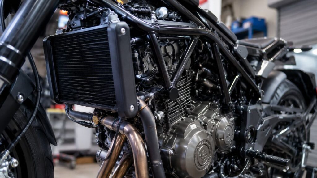 チョッパーカスタムのハードルとなる水冷エンジンとラジエーターが搭載されたハーレーX350のメカニカルな構造