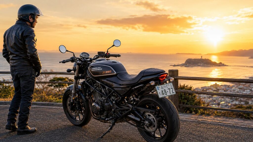 夕暮れのツーリングスポットで理想のカスタムに仕上がった愛車のハーレーX350を眺めるライダー