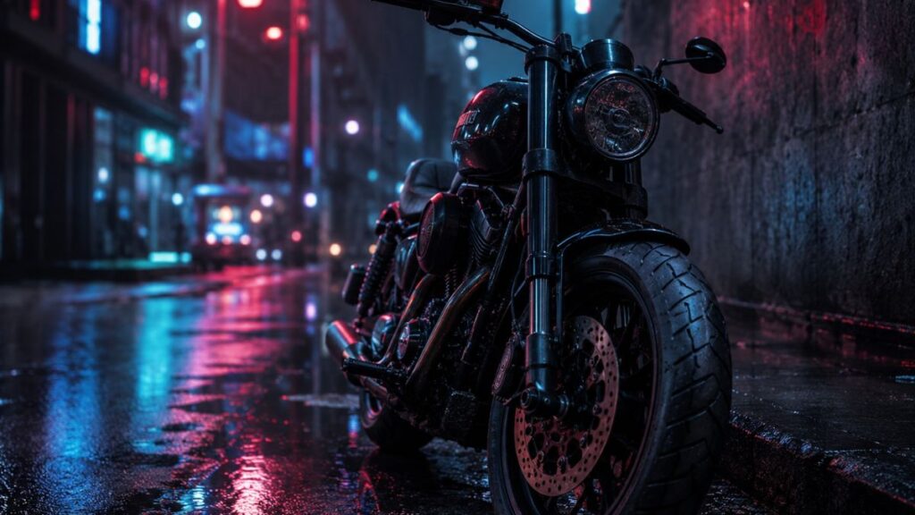 夜の街中に駐車されたバイクのイメージ