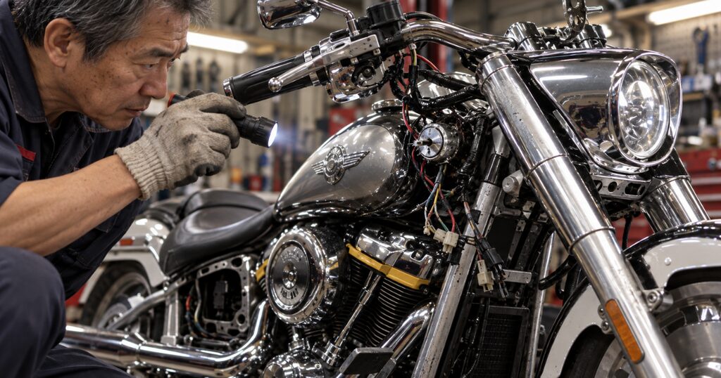 盗難から戻ってきたバイクの壊された鍵穴と外されたパーツを、整備士の男性がライトで照らして確かめている様子