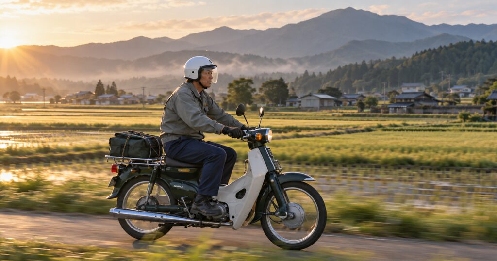 田園風景の広がる地方の道を、通勤のためにバイクで走る50代の男性