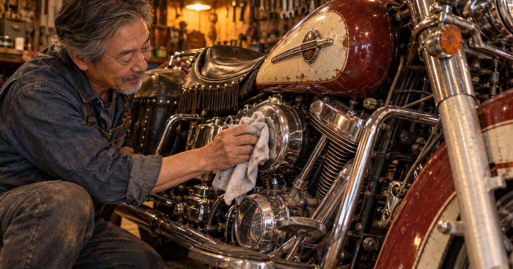 ガレージで1970年代の旧車ハーレーのエンジンを布で丁寧に磨く60代の男性