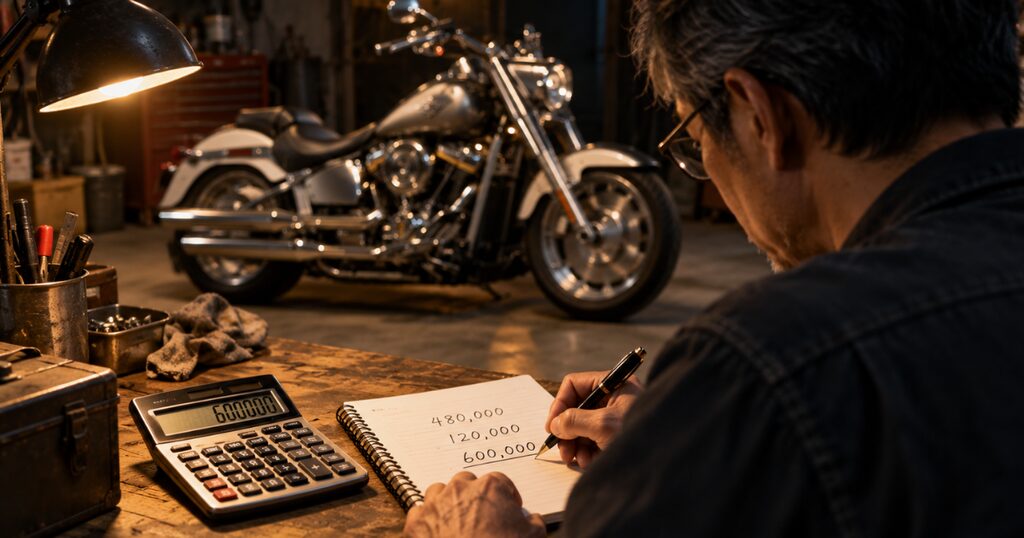 夜のガレージで、買い直しの費用やローンの残り、貯金額をノートに書き出して電卓で計算する50代の男性