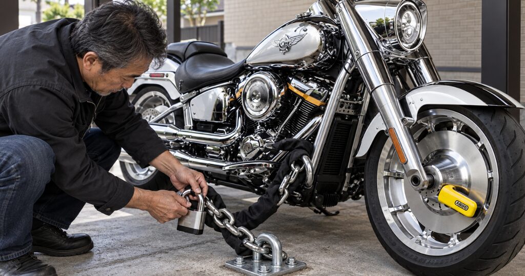カーポートのバイクに太いチェーンを通して床の防犯アンカーにつなぎ、ディスクロックもかけている男性の手元