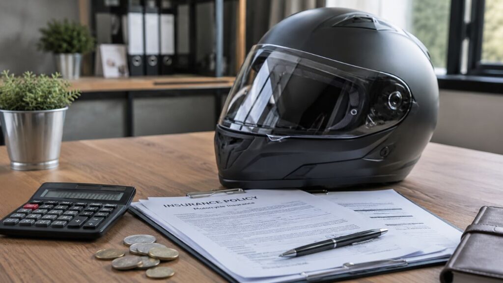 バイクのヘルメットと保険契約書、電卓が置かれたデスク