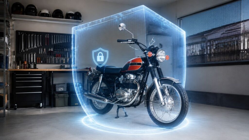光るシールドによって資産として守られているバイクのイメージ
