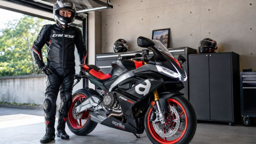 モダンなガレージで愛車のアプリリアRS660の傍らに立つ、ヘルメット姿の日本人ライダー。