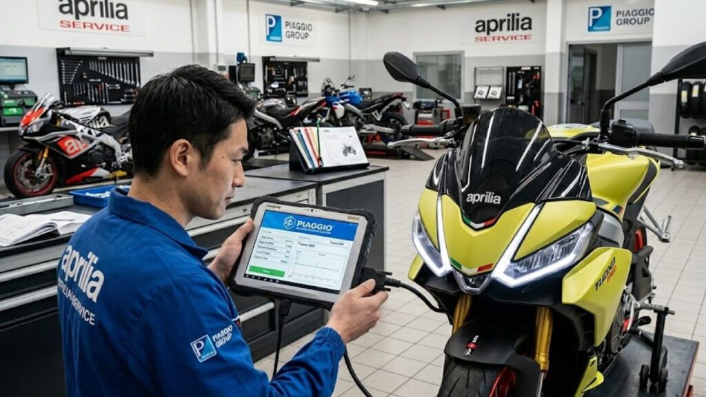 アプリリア正規ディーラーの整備工場で、専用診断機に接続されたトゥオーノ660。