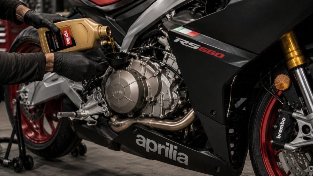 アプリリアRS660のエンジンに、指定の高性能オイルを注入しているメンテナンス風景。
