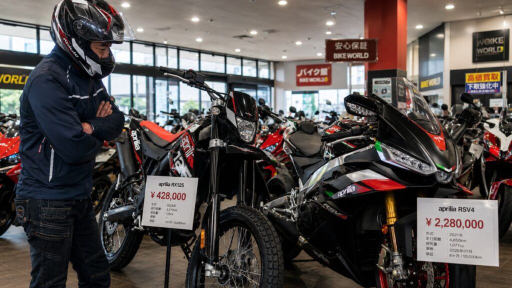 大型バイク販売店のショールームで、展示されているアプリリアRX125とRSV4を見比べるヘルメット姿の日本人男性。