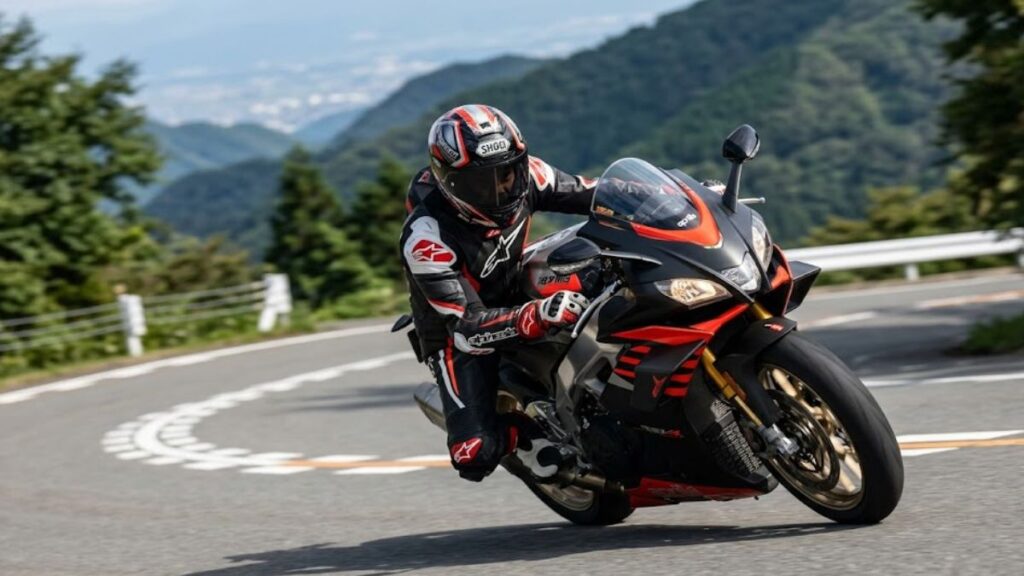峠道を軽快に駆け抜ける、整備が行き届いたアプリリアRSV4 Factoryとヘルメット着用の日本人ライダー。