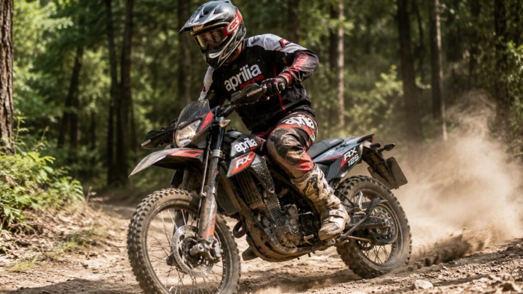 未舗装の林道を力強く走行する、アプリリアRX125とオフロードヘルメットを着用した日本人ライダー。