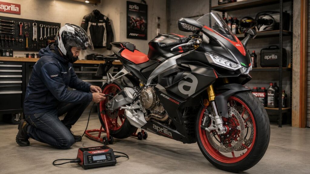 自宅のガレージで、愛車のアプリリアRS660をメンテナンスしバッテリーチャージャーを接続するヘルメット姿の日本人オーナー。