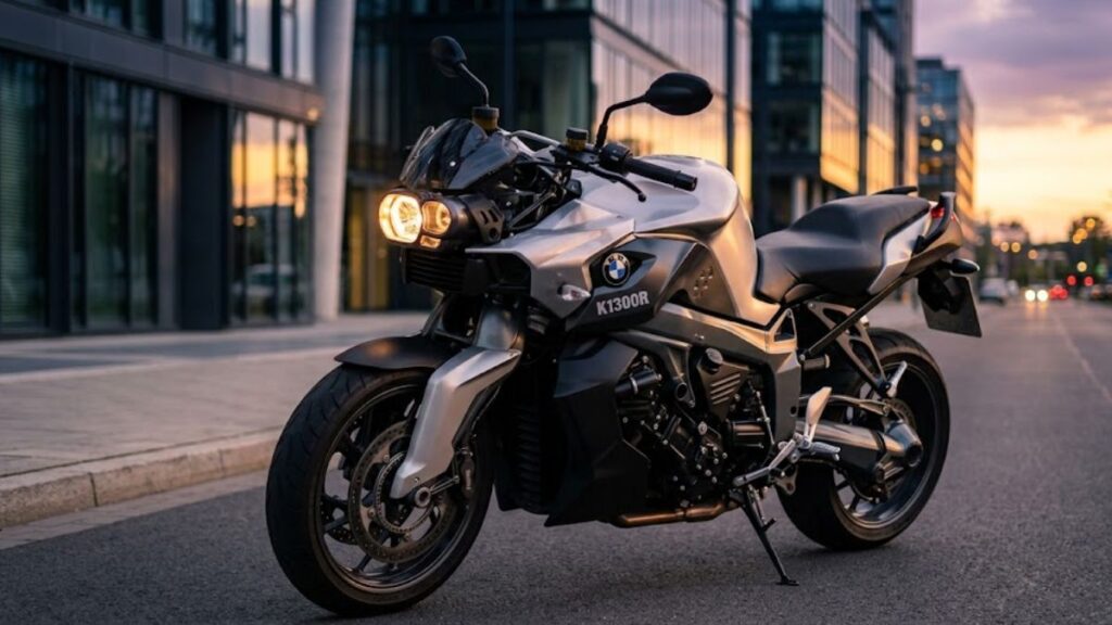 夕暮れの都会のストリートに佇む、筋肉質で存在感のある大型ネイキッドバイク「BMW K1300R」の外観