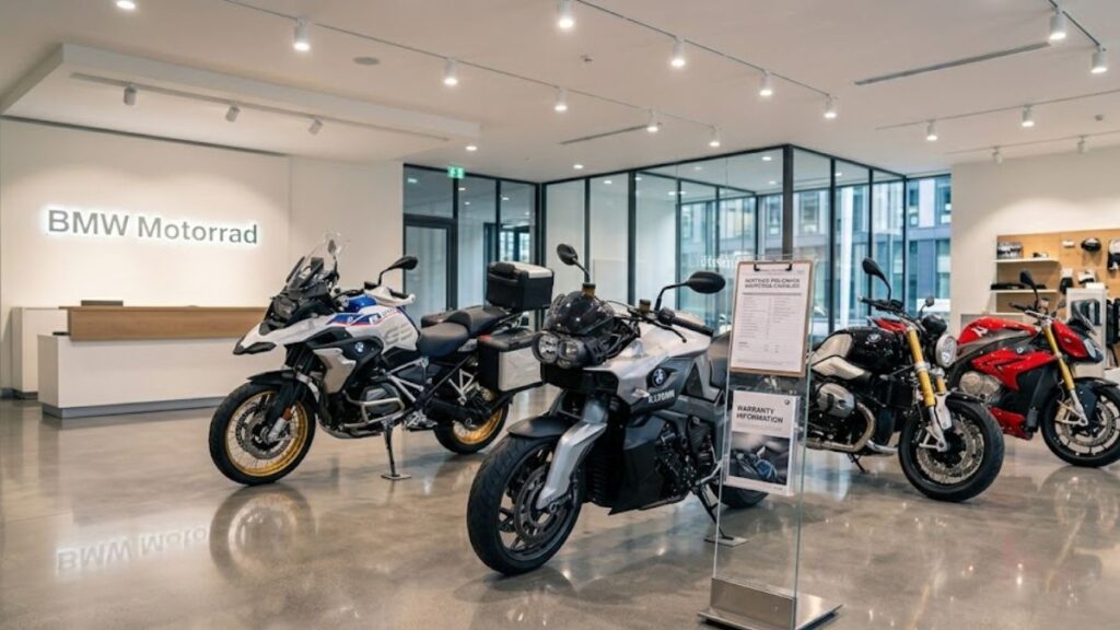 高級感のあるバイクディーラーのショールームに美しく並べられたBMWの認定中古車