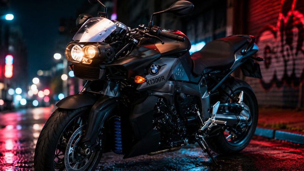 夜の街並みで異形ヘッドライトと剥き出しのメカニズムが際立つBMW K1300Rのフロントマスク