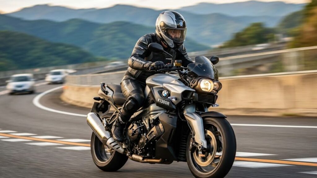 フルフェイスヘルメットを着用しBMW K1300Rで高速道路のカーブを安定して走行する40代の日本人男性