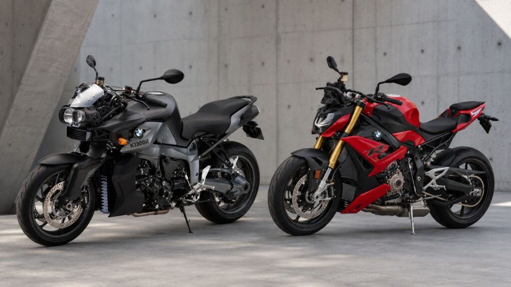 シャフトドライブを持つ重厚なBMW K1300Rと、軽量な後継スポーツネイキッドのS1000Rの比較イメージ