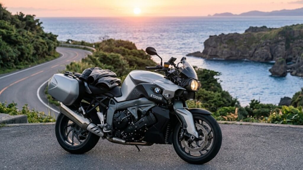 朝日に照らされる美しい海岸沿いのワインディングロードに停車するBMW K1300Rの全体像