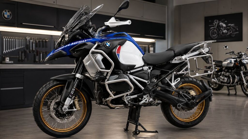 認定ディーラーで整備されたBMWバイク（R1250GS）が佇む様子。