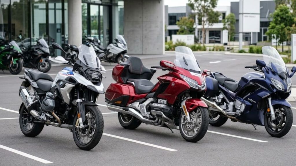 駐車場に並ぶBMW R1250GSと、ホンダ・ゴールドウイング、ヤマハFJR1300などの他メーカー車。