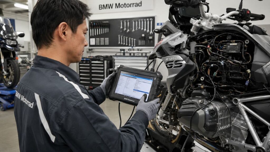 認定整備工場で、専用診断機を用いてBMW R1250GSの電装系を点検するメカニック。
