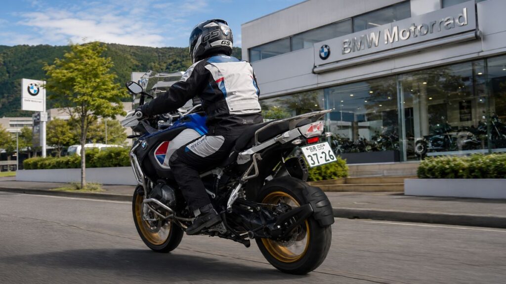 郊外にあるBMWモトラッド正規ディーラーと、そこから出発する日本人ライダー。