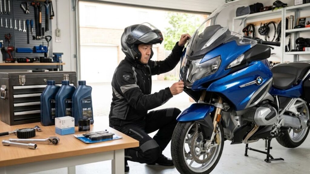 プライベートガレージで、愛車のR1250RTを出発前点検する日本人ライダーと、並べられた整備用品。