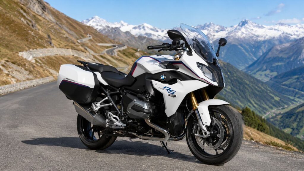 清々しい晴天の下、壮大な山岳道路の絶景ポイントに停まる、パニアケースを装備したBMW R1200RS。人物なし。