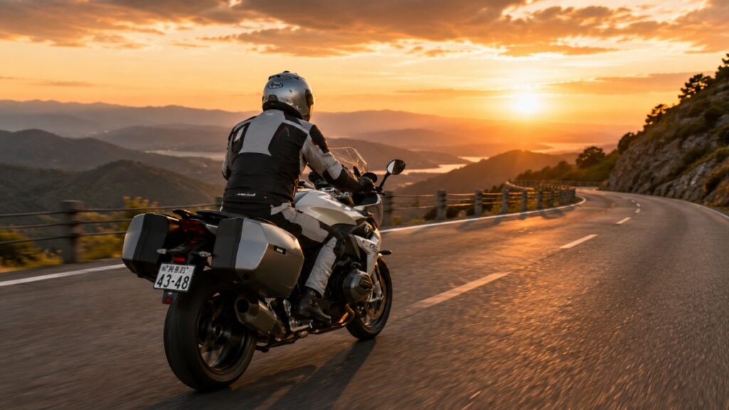 夕日を浴びながら峠道を走る、フルパニア装備のBMW R1200RSと日本人ツアラーライダーの後ろ姿