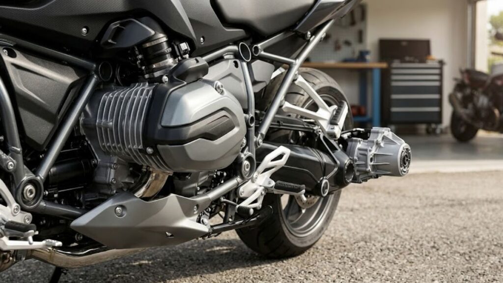 BMW R1200RSの象徴的なボクサーエンジンとシャフトドライブのメカニカルなディテール