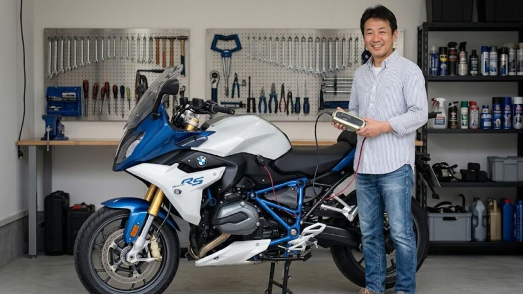ガレージで専用のメンテナーに接続され、バッテリー管理が行われているBMW R1200RS