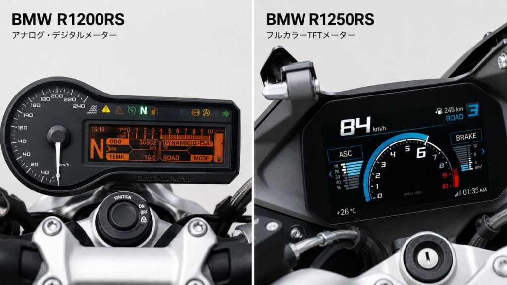 BMW R1200RSのアナログ・デジタルメーターと、R1250RSのフルカラーTFTメーターの比較画像