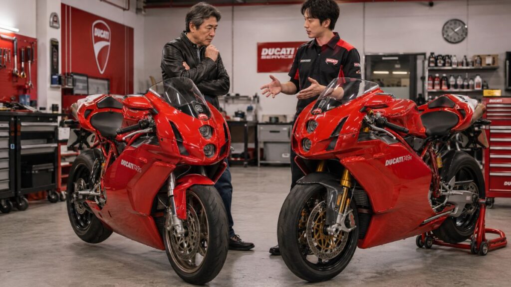 専門店でドゥカティ749Sと749Rの装備を比較する購入希望者